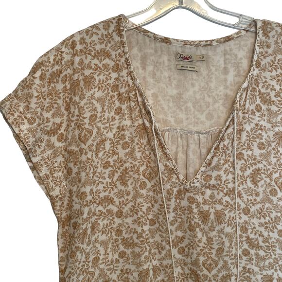 Faherty Boho Floral Dress Women's Medium Tan Tasseled Organic Cotton Cottagecore - Picture 4 of 11